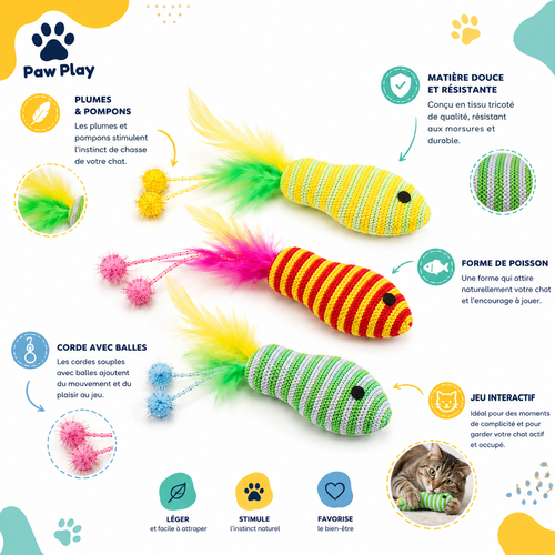 Lot de 3 Poissons Interactifs pour Chat avec Plumes & Pompons | Paw Play